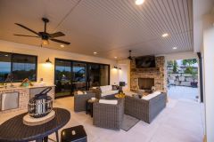 Outdoor Kitchen Covered Patio with Fireplace and Pool