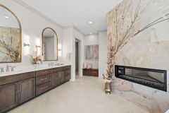 Primary Bathroom, Double Vanity, 2 Sided Fireplace and Bench