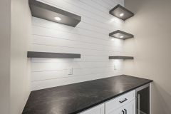 floating shelves, shiplap wall beverage station