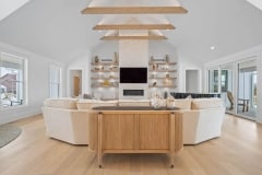 Great Room with Stack Stone Fireplace with Floating Open Shelving