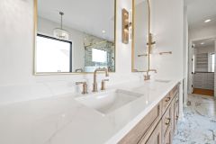 White Oak Double Sink Vanity With Gold Accents
