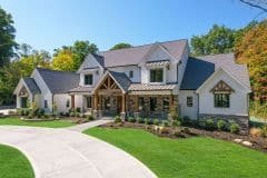 Custom home with covered front porch, Gables, Cedar Columns, metal accents and white brick - The Vandoren