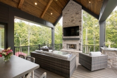 Custom home covered porch cathedral ceilings and stone fireplace