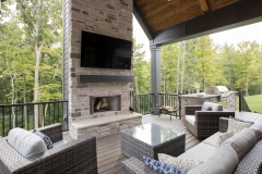 Custom home covered porch cathedral ceilings and stone fireplace