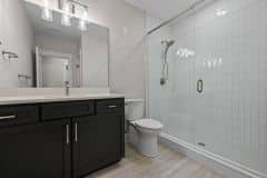 Lower Level Bathroom Vanity and Shower With Glass Door