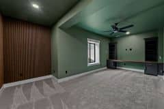 Lower Level Office With Acoustical Wood Panels and Custom Built-in Desk