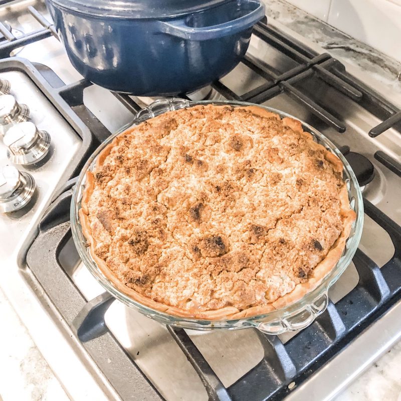 rhubarb custard pie fresh out of the oven