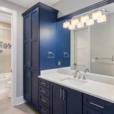 Two Story traditional custom home Dayton Ohio blue cabinetry bathroom