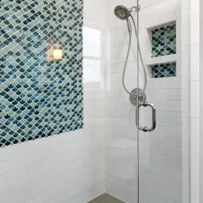 Two Story traditional custom home Dayton Ohio blue accent tile in walk-in shower