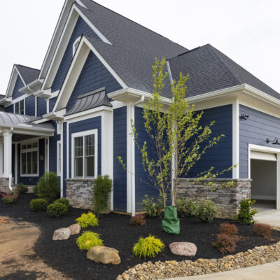 Two Story traditional custom home Dayton Ohio blue siding and white trim