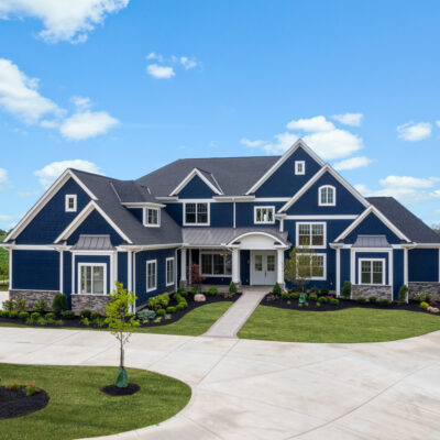 Two Story traditional custom home Dayton Ohio blue siding and white trim