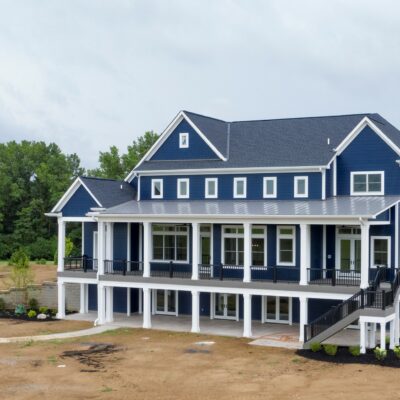 Two Story traditional custom home Dayton Ohio blue siding and white trim