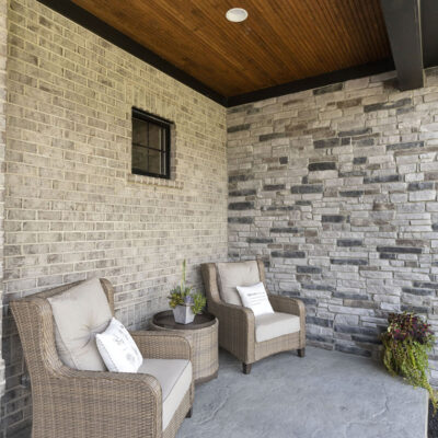Covered Front Porch Sitting Area with Bead Board Ceiling