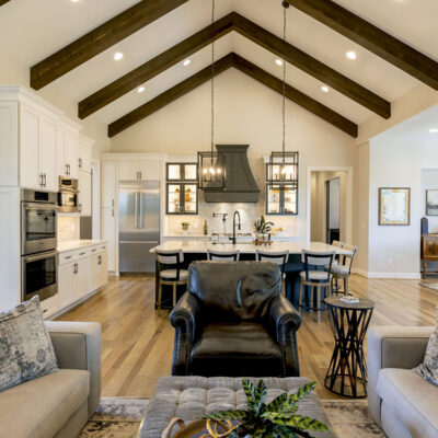 Great Room Open to Kitchen with Ceiling Beams