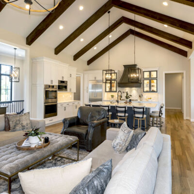 Great Room Open to Front Entry,Kitchen with Ceiling Beams