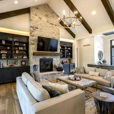 Great Room with Stone Fireplace and Built-ins
