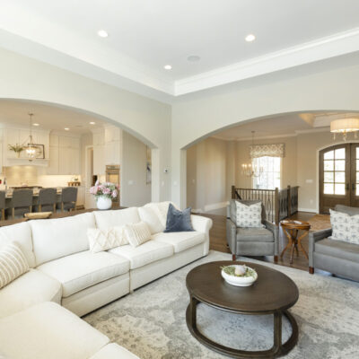 Great Room with Arches and Coffered Ceiling