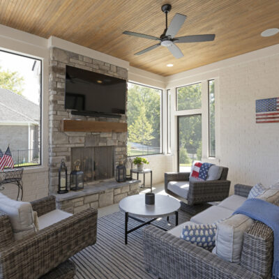 Covered Screen Porch with Stone Fireplace