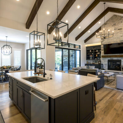 Kitchen and Great Room Vaulted Ceiling with Beams