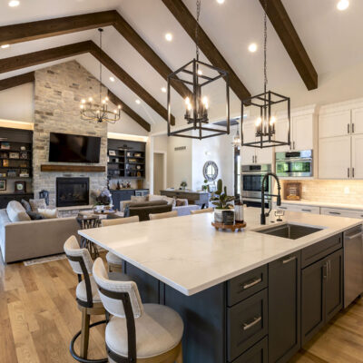 Kitchen and Great Room Vaulted Ceiling with Beams