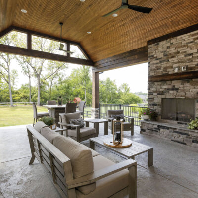 Covered Outdoor Living Space with Stone Fireplace