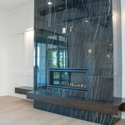 Marble Linear Fireplace with Wrap Around Bench