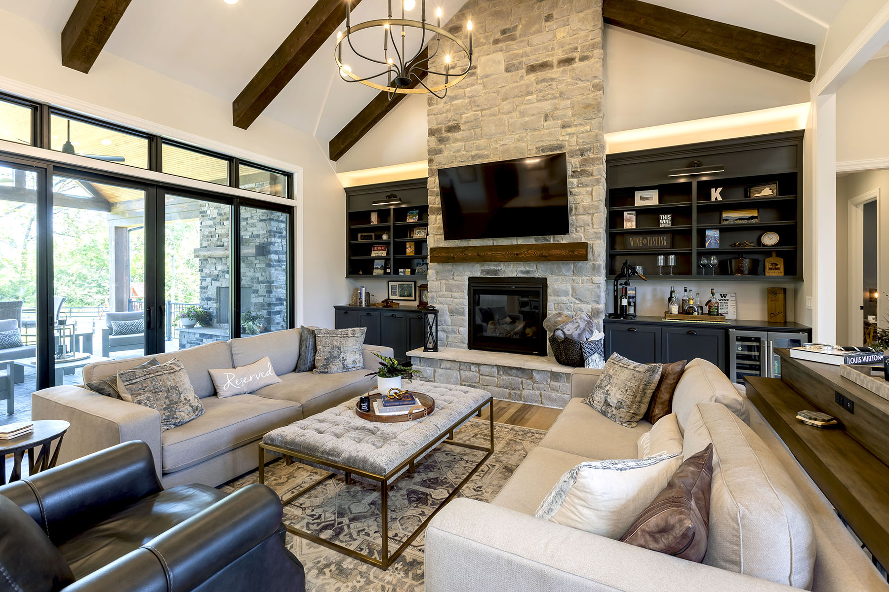 Custom Home Great Room with Cathedral Ceiling and Cedar Trusses