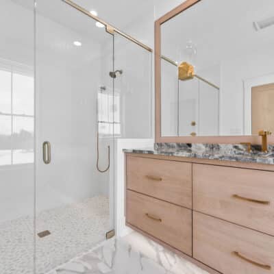 Secondary Full Bath With Floating White Oak Vanity and Curbless Shower With Wavy Textured Ceramic Tile