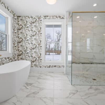 Primary Bathroom with Floating Vanity, Zero Entry Shower, Standing Tub