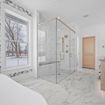 Primary Bathroom with Floating Vanity, Zero Entry Shower, Standing Tub