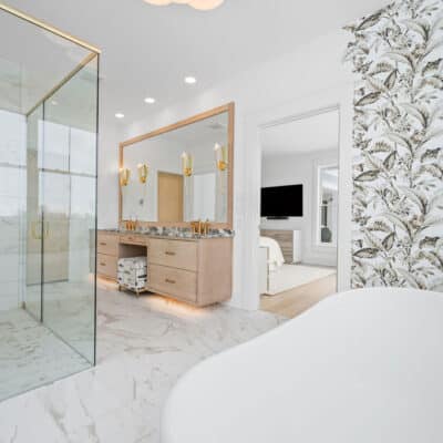 Primary Bathroom with Floating Vanity, Zero Entry Shower, Standing Tub