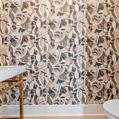 Powder Room with wallpaper at Oxford Famhouse