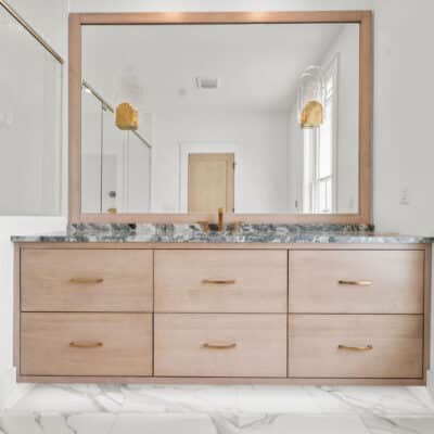 Secondary Full Bath With Floating White Oak Vanity and Custom Framed Mirror