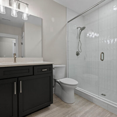 Lower Level Bathroom Vanity and Shower With Glass Door