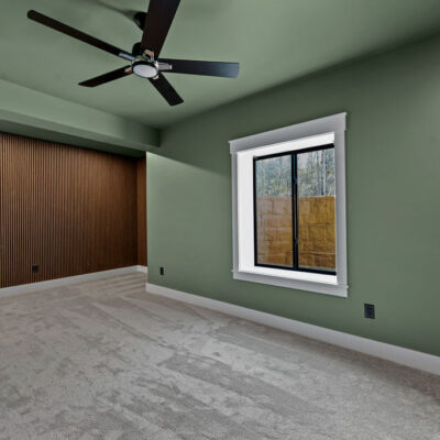 Lower Level Office With Acoustical Wood Panels and Custom Built-in Desk