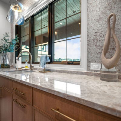 back kitchen with appliances, window and glam wallpaper