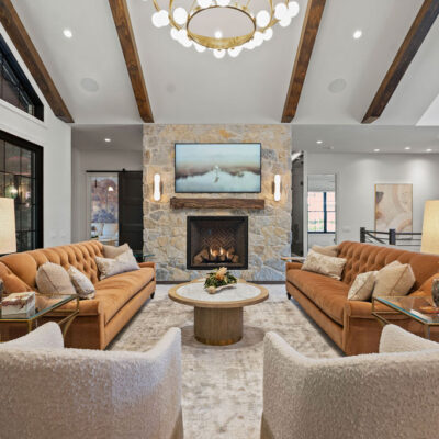 Oversized Floor To Ceiling Gas Dimensional Chalet Buff Stone Fireplace