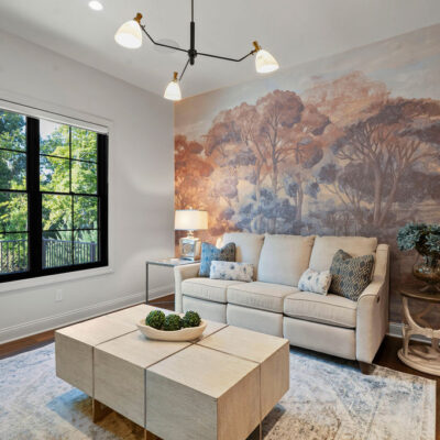 2 Level Home Office and Den with Landscape wallpaper and black frame windows