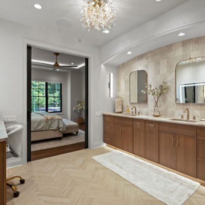 Chevron Pattern Porcelain Tile With Wood Grain on Primary Bathroom Floor