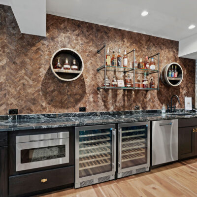 Bourbon Display Double Wine Fridge, Dishwasher and Ice Maker and Microwave and Sink in Lower Level Bourbon Bar