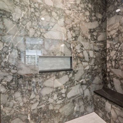 Guest Bath With Lage Ceramic Tiles in Shower With Bench and Niche