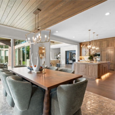 Dining Area Off Kitchen With Dropped Ceiling With Accent Lighting and Tongue and Groove Wood