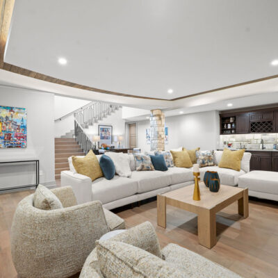 Lower Level Media Room With Dropped Ceiling With Tongue and Groove Wood With Wet Bar