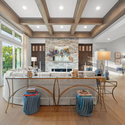 Great Room Off Entry and Kitchen With Linear Fireplace Dark Stained Built-Ins With Wood Coffered Beam Ceiling