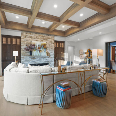 Great Room Off Entry and Kitchen With Linear Fireplace Dark Stained Built-Ins With Wood Coffered Beam Ceiling